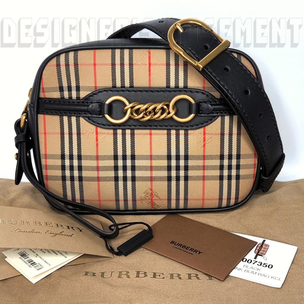 BURBERRY black leather LINK 1983 beige canvas Equestrian Knight Check Belt Bag - Picture 2 of 12